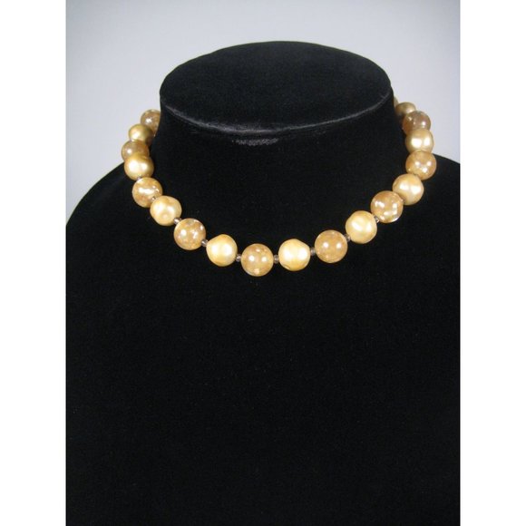 Marvella Iridescent Plastic Beaded Choker Gold Necklace 15 Inch Vintage 1950s - Picture 7 of 10